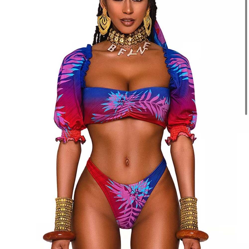 new B FYNE thong zena puff sleeve bikini swimsuit set small s